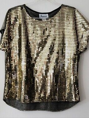 Vintage Joanna Gold Sequin Top 80s Disco Glam Y2K Baddie Retro Club Sz Large